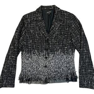 Rickie Freeman Teri Jon Tweed Black White Fringe wool blend Blazer Size 14